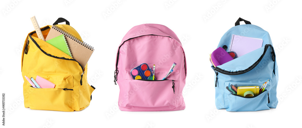Different backpacks with school stationery isolated on white, collage