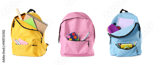 Obraz na płótnie Different backpacks with school stationery isolated on white, collage w salonie