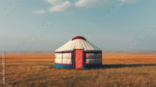 A Yurt-inspired dwelling made from felt and canvas, adorned with intricate tribal patterns, nestled amidst a vast expanse of rolling grasslands