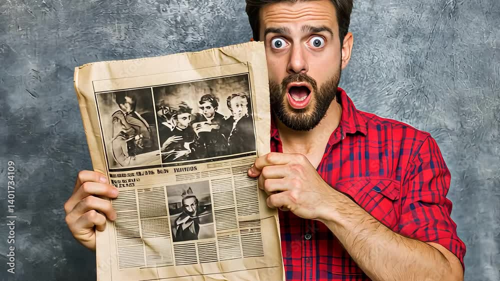 Man Shocked and Surprised Holding Vintage Newspaper with Historical News

