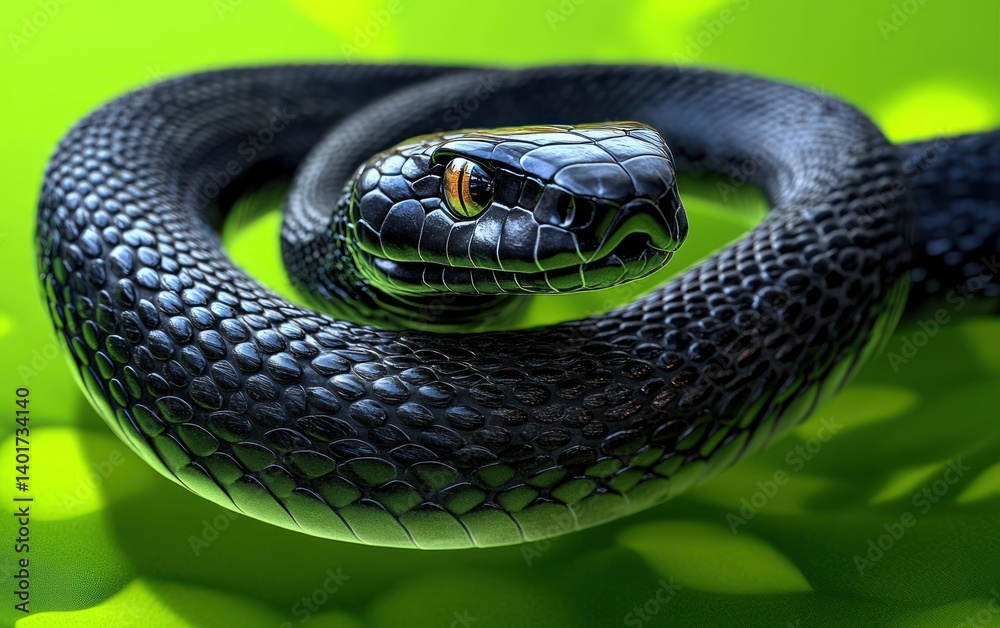 King Cobra Black Snake Hyper-Realistic Illustration Long Venomous Snake on Green Background