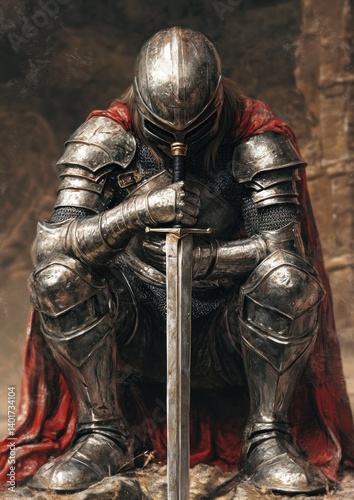 Female Knight Warrior Kneeling with Sword in Decorative Metal Armor Castle Background