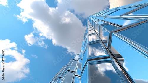 A futuristic high-rise building with an asymmetrical design, made of reflective glass and metal, symbolizing innovation and modernity.