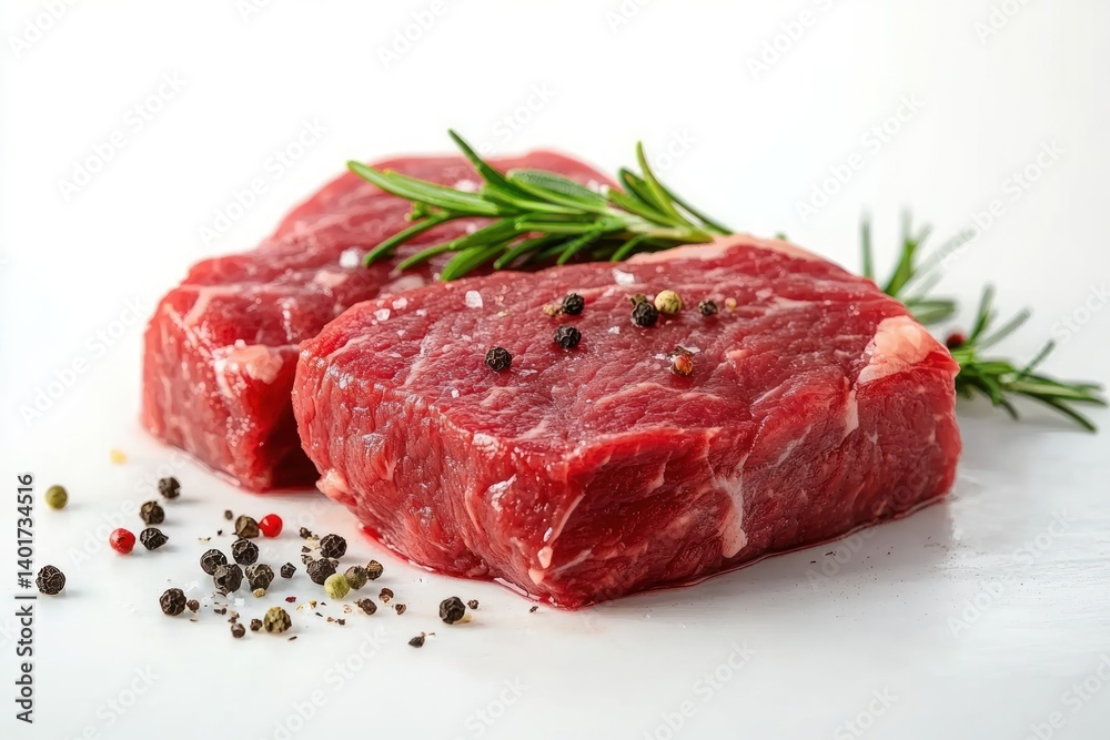 Raw Beef Still Life with Herbs and Pepper on White Background Raw Beef Still Life with Herbs and Pepper on White Background