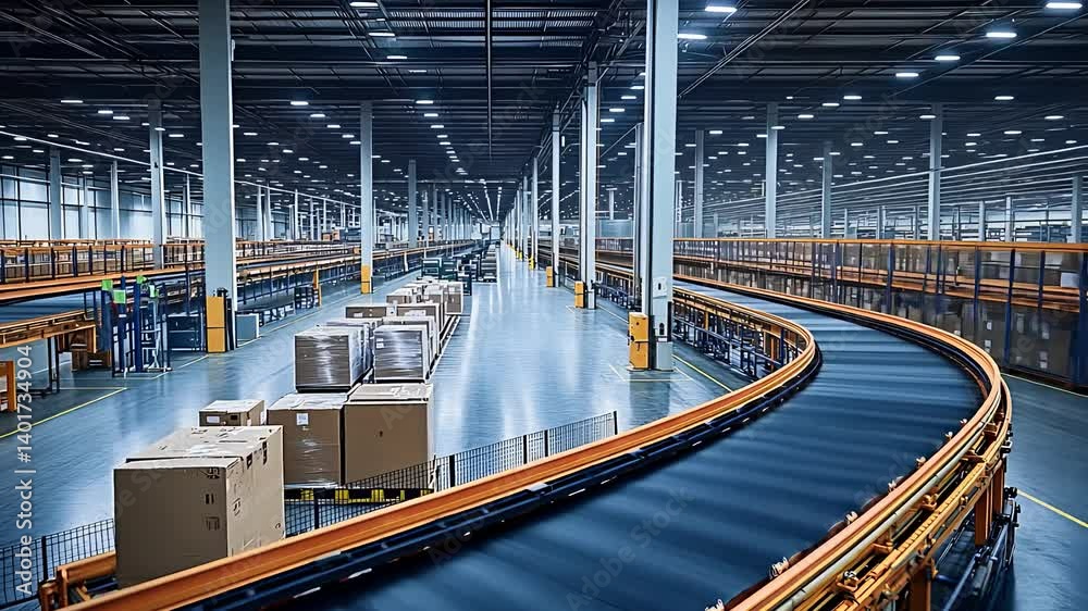 Large Warehouse with Conveyor Belt System Transporting Packages in Industrial Facility

