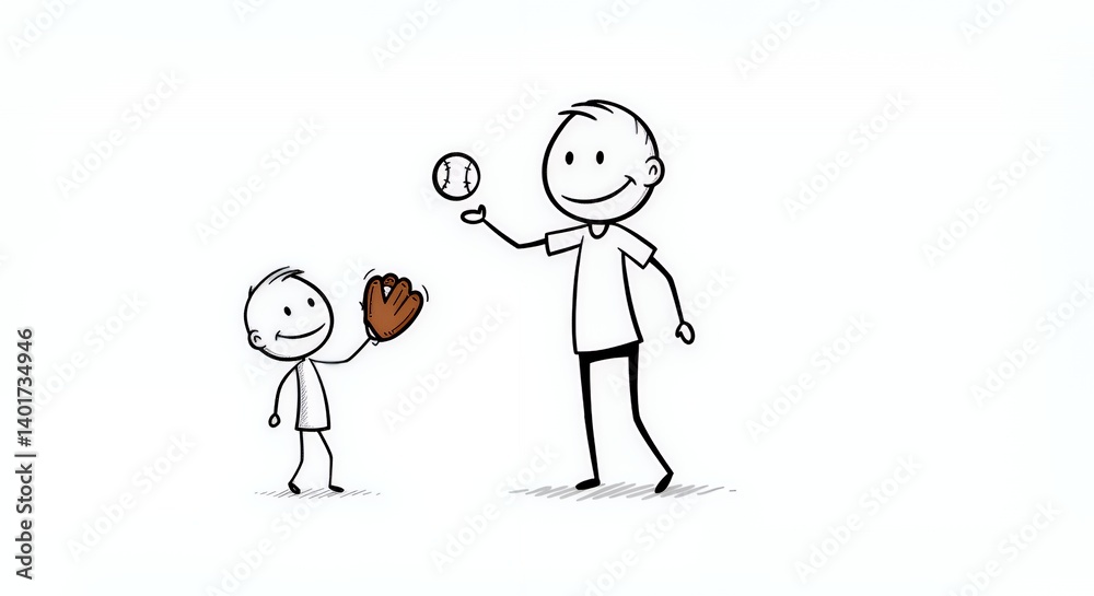 Stick Figure Dad and Son Playing Catch on White Background Stick Figure Dad and Son Playing Catch on White Background