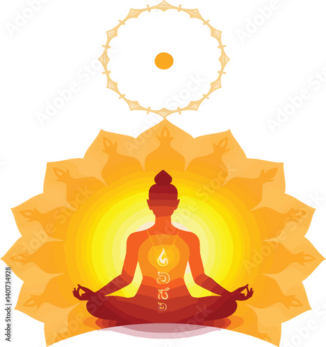Vibrant Meditation Buddha Silhouette with Lotus and Spiritual Symbols - Vector Art