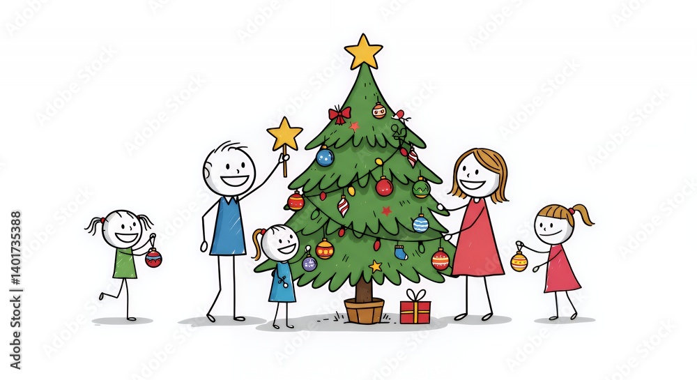 Stick Figure Family Decorating Christmas Tree on White Background Stick Figure Family Decorating Christmas Tree on White Background