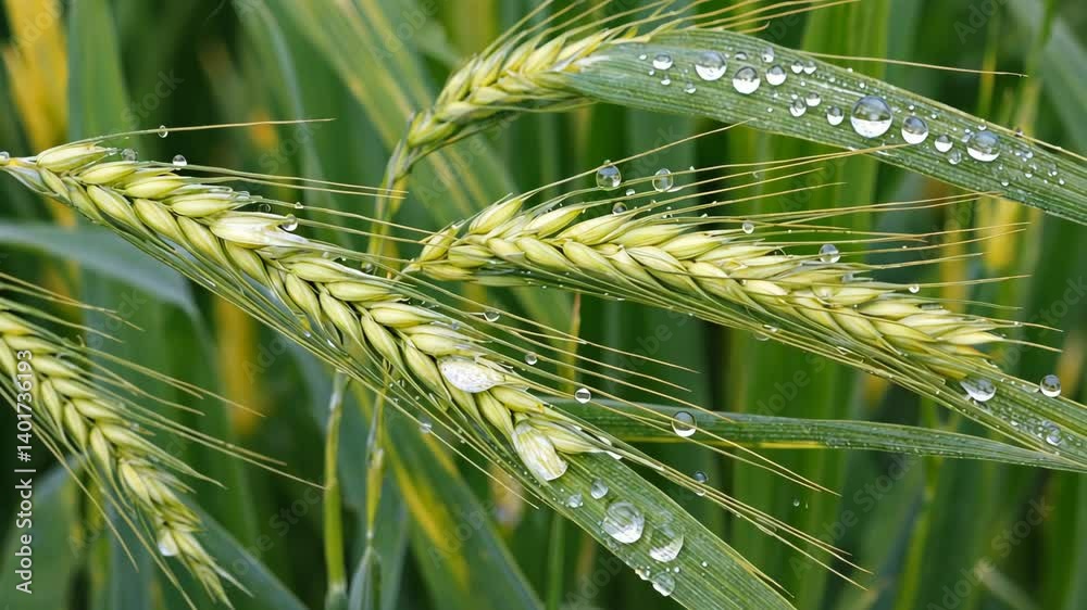 Close-up of wet golden wheat ears glistening with water droplets in lush green field, agricultural crops and healthy eating concept