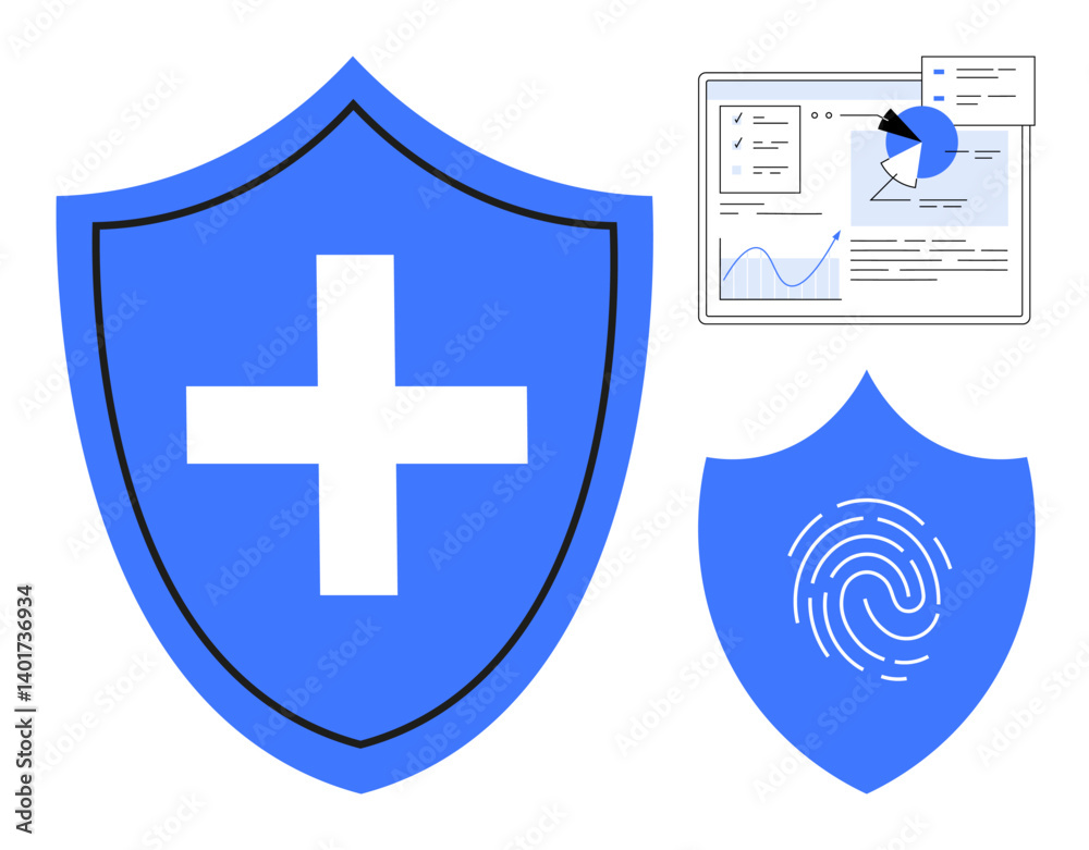 Fototapeta premium Blue shields with cross and fingerprint icons emphasize security, paired with an analytics dashboard. Ideal for data privacy, cybersecurity, medical protection, authentication, software, technology
