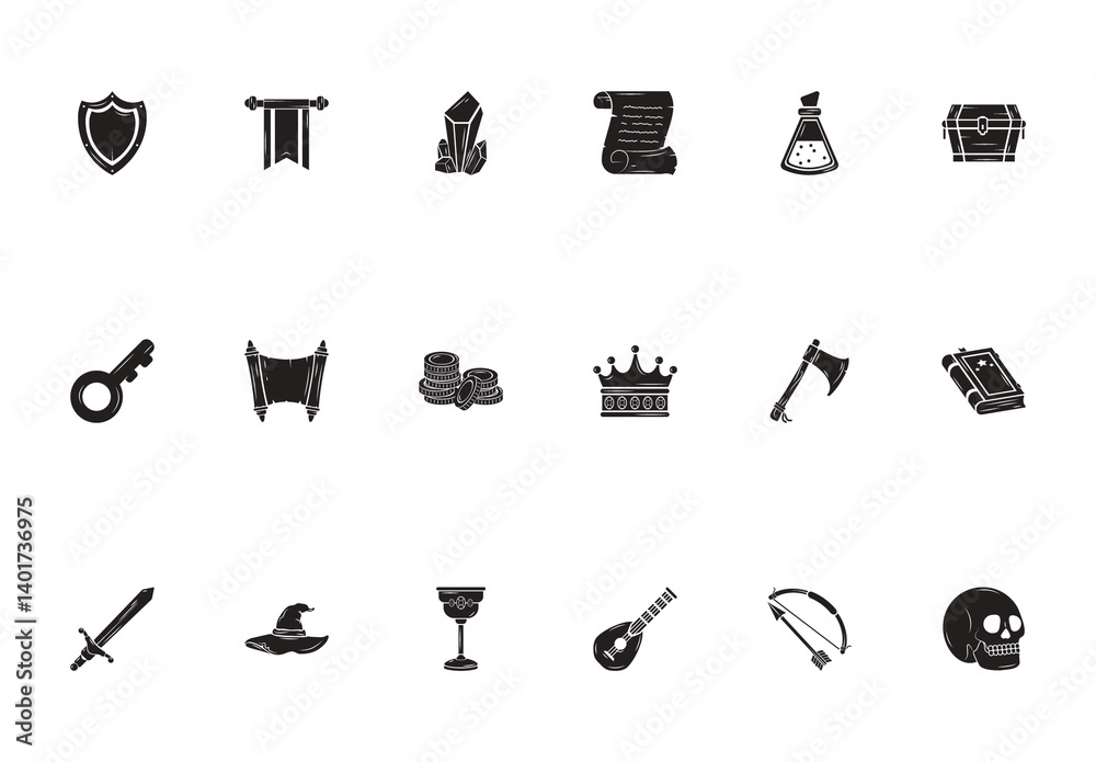 Black Outline Vintage Medieval Fantasy Icons Set Stock Template | Adobe ...