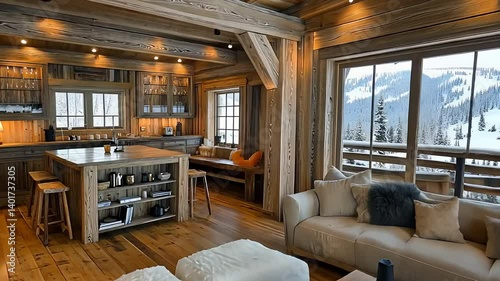 Cozy Mountain Lodge with Open-Concept Kitchen, Living Area, and Scenic Snowy Views

