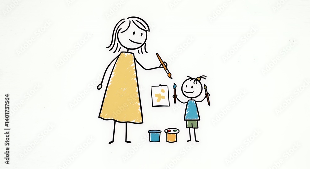 Stick Figure Mom and Child Painting on White Background Stick Figure Mom and Child Painting on White Background