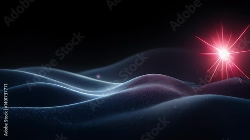 Red star rising above dark blue wavy landscape
