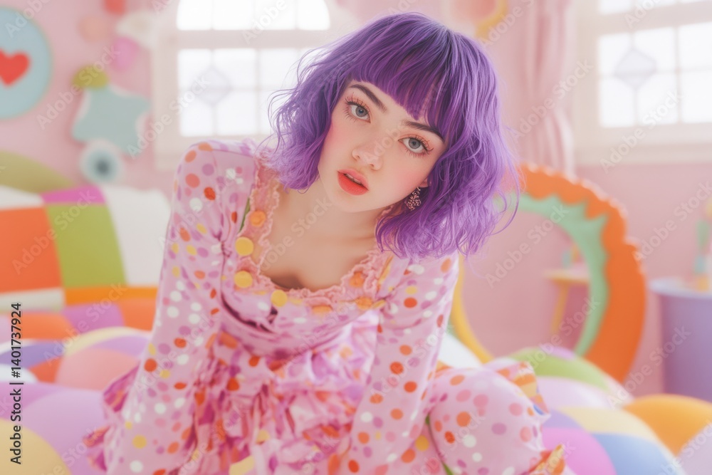 A focused girl with short violet hair balances on a chair in a room with wooden flooring and a neutral-colored wall. A focused girl with short violet hair balances on a chair in a room with wooden flooring and a neutral-colored wall.