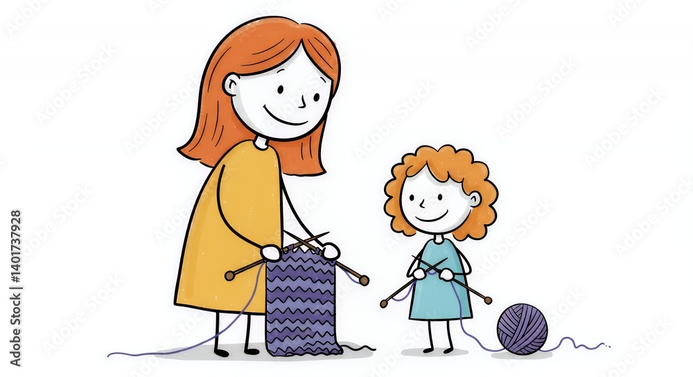 Stick Figure Mom Teaching Child to Knit: Mustard Yellow and Teal Dress on White Background Stick Figure Mom Teaching Child to Knit: Mustard Yellow and Teal Dress on White Background