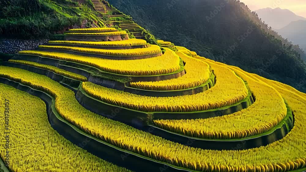 Terraced Rice Fields on Mountain Slopes with Lush Greenery and Golden Crops


