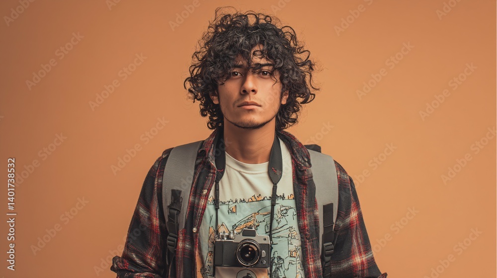Obraz premium Person with curly hair glasses and camera wearing a backpack in studio.