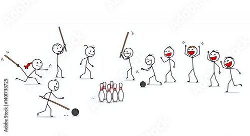 Stick Figures Playing Bowling Game White Background Illustration