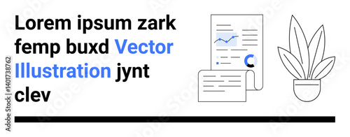 Business documents with charts and graphs alongside a potted plant setup. Ideal for productivity, office, data analysis, finance, reporting, workspace, flat landing page banner