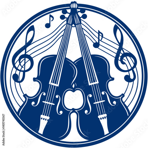 Flat Minimal Icon of Double Bass Silhouette with Musical Notes  