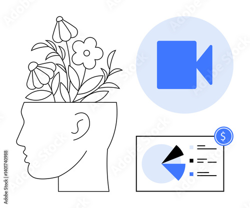 Outline of head with blooming flowers symbolizing creativity, video communication icon, and financial chart with dollar icon. Ideal for innovation, productivity, growth, data, technology, finance