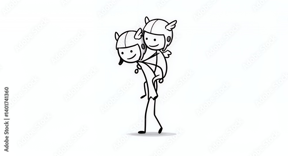 Two Stick Figures Piggyback Ride with Pilot Helmets and Wings on White Background Two Stick Figures Piggyback Ride with Pilot Helmets and Wings on White Background