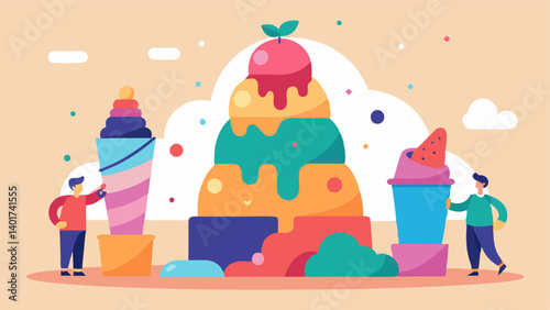 Ice Cream Sculptures A surreal scene of towering sculptures made entirely of different ice cream flavors and toppings resembling famous monuments. People gather around taking