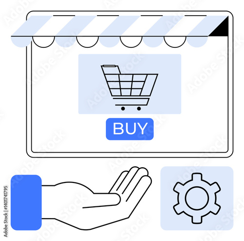 Online storefront with a shopping cart on screen, buy button, helping hand, and settings gear. Ideal for online shopping, e-commerce, customer service, retail automation support management. Flat
