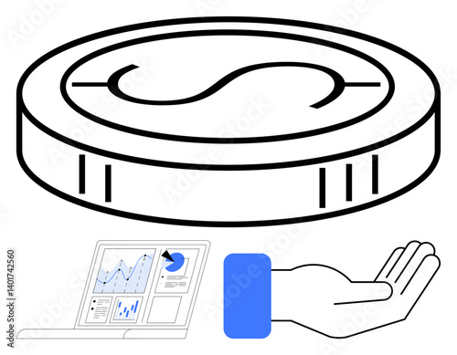 Large coin above an open hand with a nearby data dashboard, representing finance, analytics, support. Ideal for economy, investment, data, technology, strategy charity minimal flat simple metaphor
