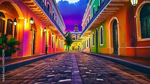 Colorful Street View at Sunset in Vibrant Historic Neighborhood

