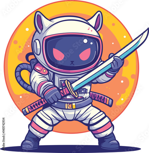 Cute Astronaut Samurai With Kitsune Mask And Katana