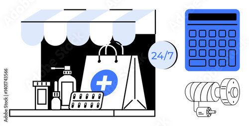 Medicine bottles, blister packs, and shopping bag under awning, 247 service tag, calculator, CCTV camera. Ideal for healthcare, online pharmacy, security retail e-commerce medication management