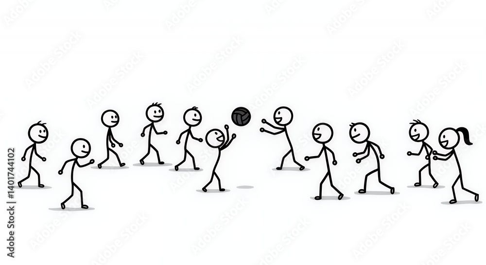 Playful Stick Figure Volleyball Game Sketch Playful Stick Figure Volleyball Game Sketch
