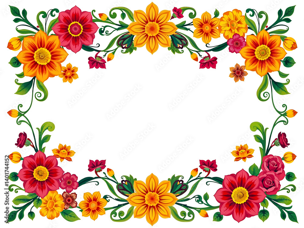 Floral frame with bright red and yellow flowers, perfect for invitations, cards or seasonal designs. Generative AI