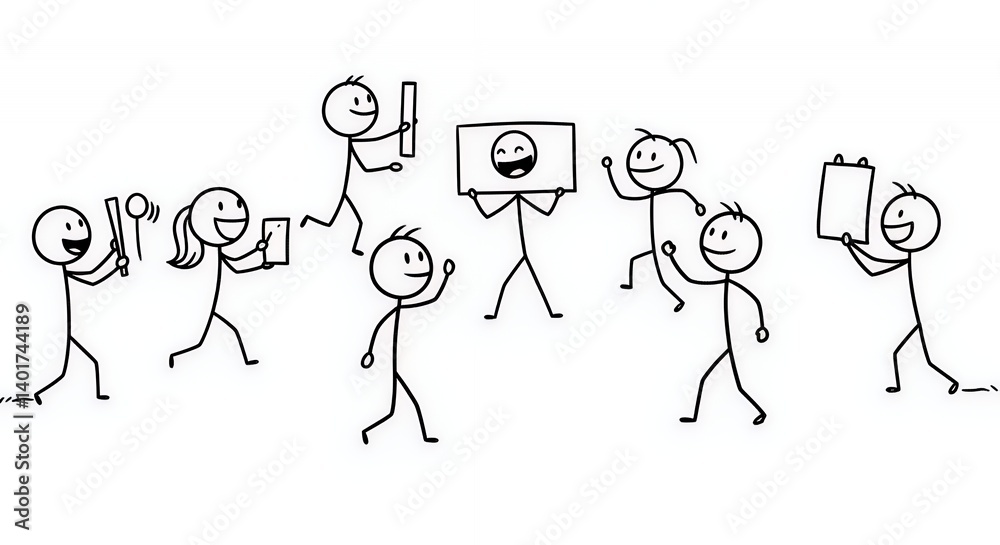 Playful Stick Figures Playing Charades on White Background Playful Stick Figures Playing Charades on White Background
