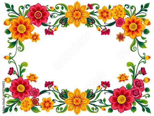 Obraz na płótnie Floral frame with bright red and yellow flowers, perfect for invitations, cards or seasonal designs. Generative AI w salonie