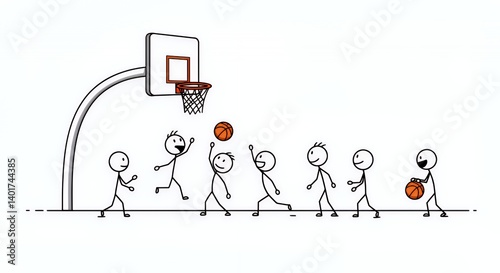 Stick Figure Basketball Game Sketch on White Background