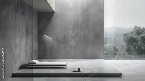 A minimalist modern interior showcasing concrete walls and a panoramic view. photo
