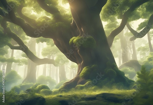 cartoon anime banner woodland forest style background illustration serene foliage enchanting lush harmony magical mystical aethereal peaceful idylli escapism whimsical enchanted picturesque nature