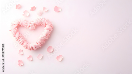 Pink heart shape made of soft fabric surrounded by delicate rose petals on a light background romantic love concept