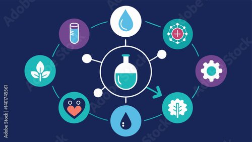 Interactive Infographic An infographic featuring icons that represent the benefits of nanotech and exosomes like hydration antiaging etc. connected with arrows showing synergy.