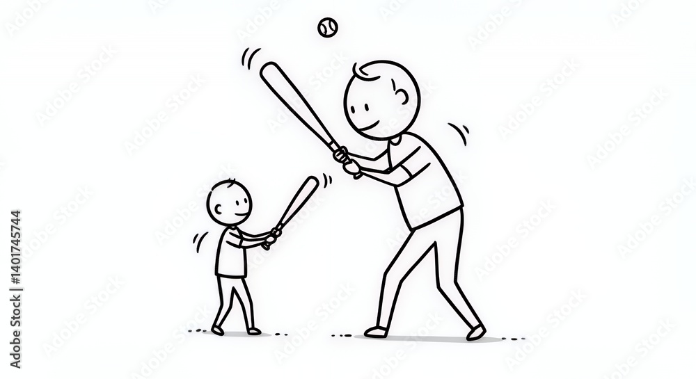 Stick Figure Father Teaching Son Baseball: Black and White Sketch
