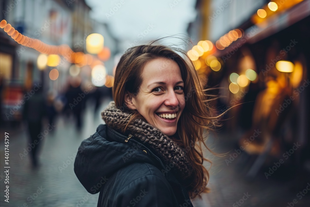 Portrait of a smiling woman in the city at Christmas time. Portrait of a smiling woman in the city at Christmas time.