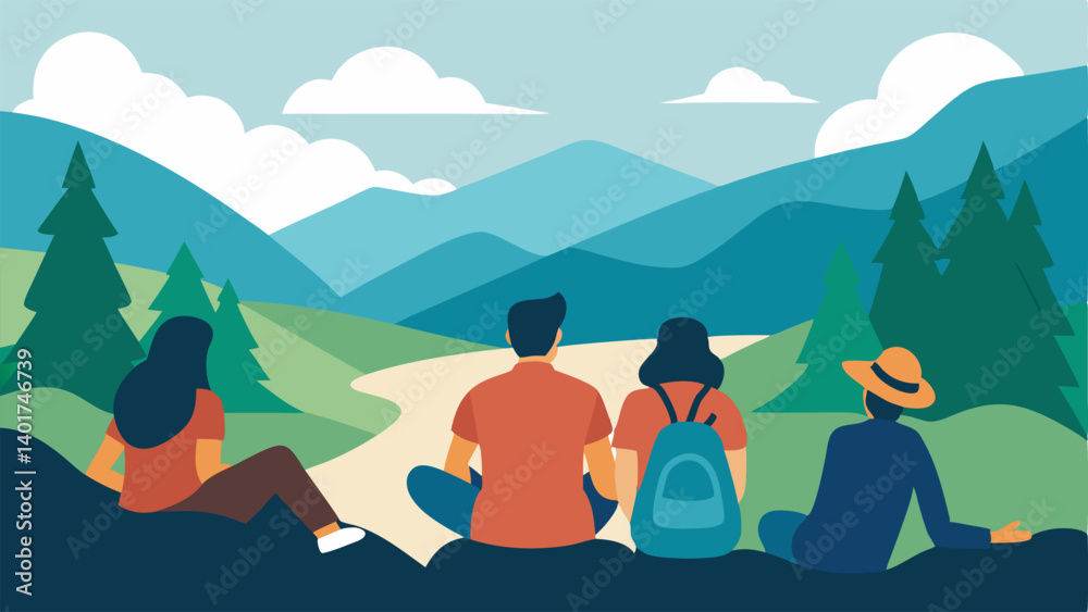 Fototapeta premium Outdoor Adventure A group of hikers on a scenic trail taking a break to enjoy the view and share stories with their backpacks closed and no gadgets in sight.