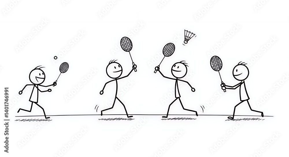 Fototapeta premium Stick Figures Playing Badminton on White Background