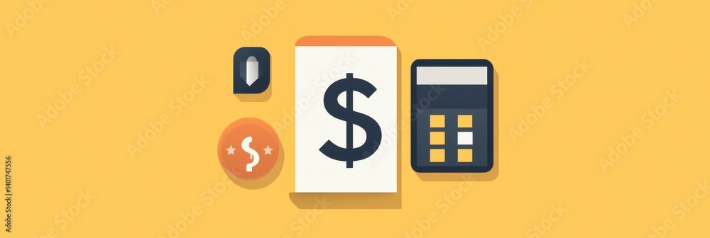 Flat Lay Illustration of Financial Icons Dollar Sign, Calculator, and Coins on Yellow Background Flat Lay Illustration of Financial Icons Dollar Sign, Calculator, and Coins on Yellow Background