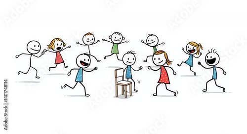 Stick Figures Playing Musical Chairs: Colorful Line Art Illustration