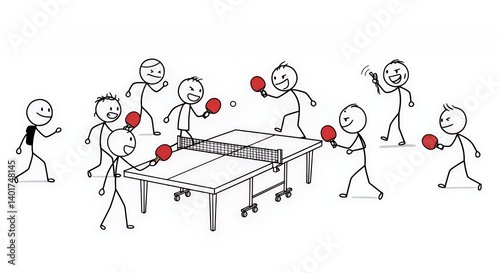 Stick Figures Playing Ping Pong on White Background