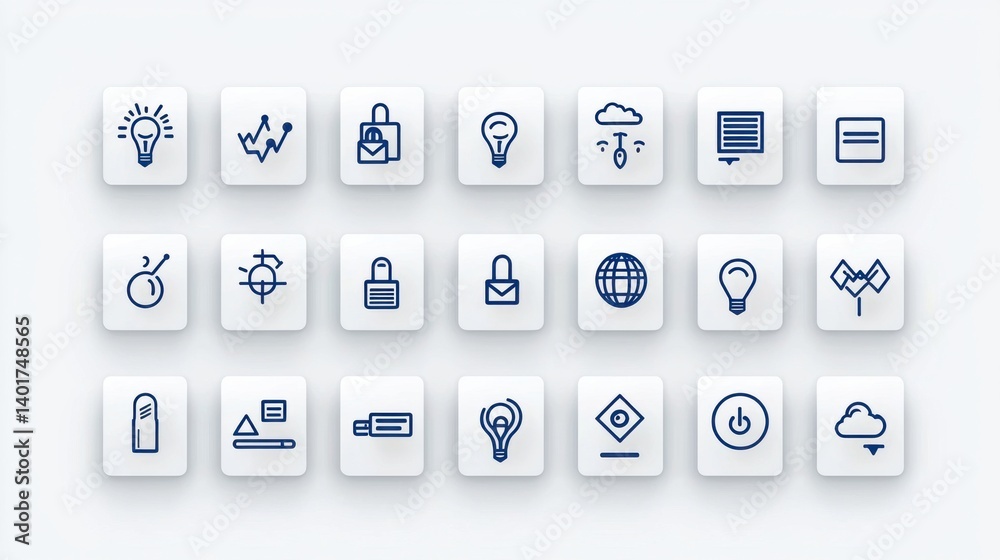 A collection of 30 outline icons designed to represent various corporate functions and core business elements